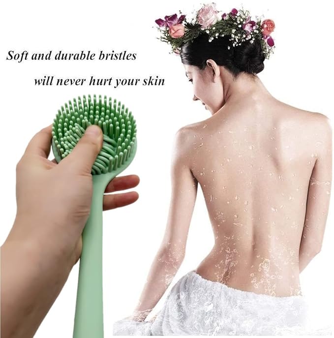 Silicone Body Scrubber - Long Handle Exfoliating Shower Brush for Men, Women & Kids - Free Hook