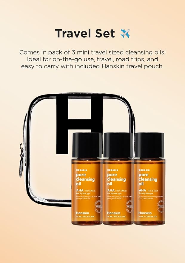 Hanskin Alpha Hydroxy Acid Pore Cleansing Oil, Sample Trial Mini Size, Exfoliating Makeup Remover Facial Cleanser Set, Moisturizing [30 ml/Pack of 3]