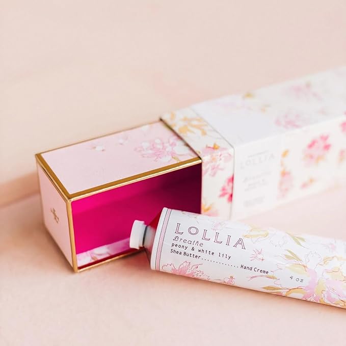 LOLLIA Breath Handcreme, 4 oz, Peony & White Lily Scented Hand Cream for Women, Moisturizing Lotion for Dry Hands, Quick Absorbing Shea Butter & Cocoa Butter, Luxury Purse Essentials