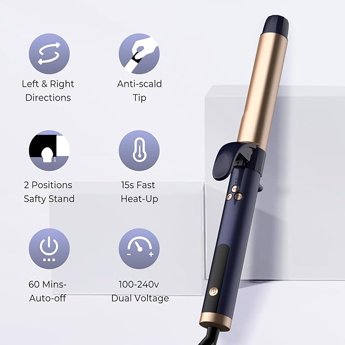 Rotating Curling Iron, 5 Temperature 1 1/4 in Automatic Curling Iron, Double Voltage 360° Rotating Auto Curling Wands, 1H Auto-Off & 30s Fast Heat Self Curler Travel Hair Styling Tools