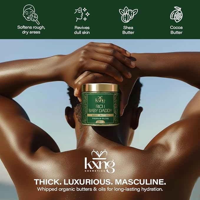 KXNG Cosmetics Luxury Shea Body Butter Cream – 4oz | Organic Body Butter for Men & Women with Cocoa, Mango & Coconut Oil | Moisturizing Cream for Hands, Feet & All Skin Types – Rich Baby Daddy