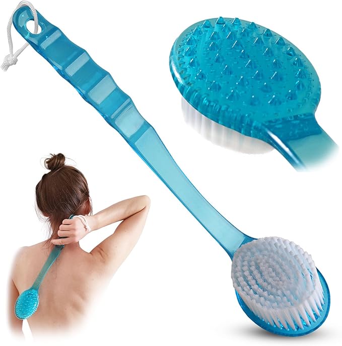2 Pack Bath Body Brush Long Handle Back Shower Brush Exfoliating Back, Body, and Feet Scrubber Soft Nylon Bristles (Blue & Green)