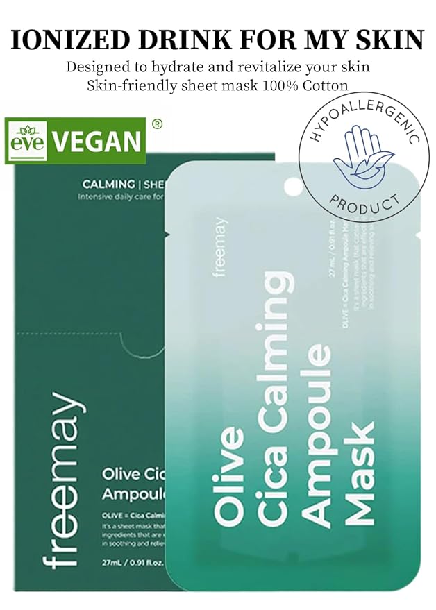 freemay Olive Cica Calming Ampoule Mask, Helps Support Skin Barrier & Calms Look of Redness, Vegan Sheet Mask for Sensitive Dry Acne-Prone Skin, 10 Sheets