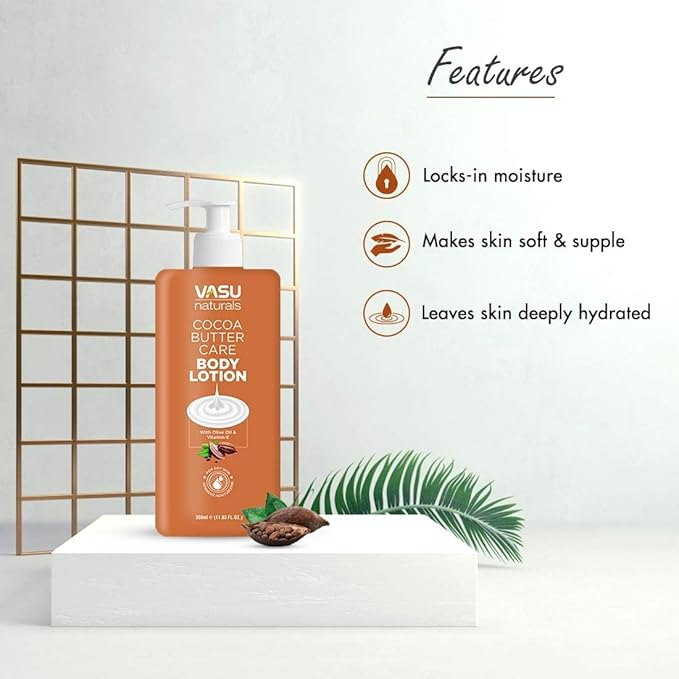 Vasu Naturals Cocoa Butter Body Lotion for Dry Skin - 24-Hour Hydration with Olive Oil & Vitamin E, Non-Greasy, Fast-Absorbing Moisturizer - Pack of 2-11.83 fl oz each