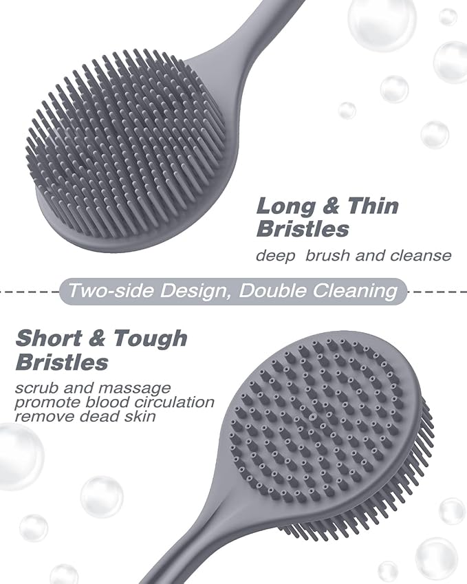 Manmihealth Silicone Back Scrubber (Thin Bristles) & Bath Glove & Face Brush Set(3PCS), Super-Exfoliating & Lathering Body Scrubber, Shower Brush, Face Scrubber Combination, with a Free Hook.(Gray)