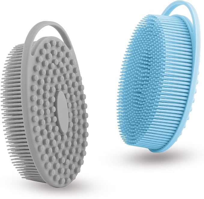 2 Pack Silicone Body Scrubber with Loofah Exfoliating Soft Body Shower Scrubber for Body, 2 in 1 Bath and Shampoo Wash Brush for Skin Exfoliation Men Women (Grey&Blue)