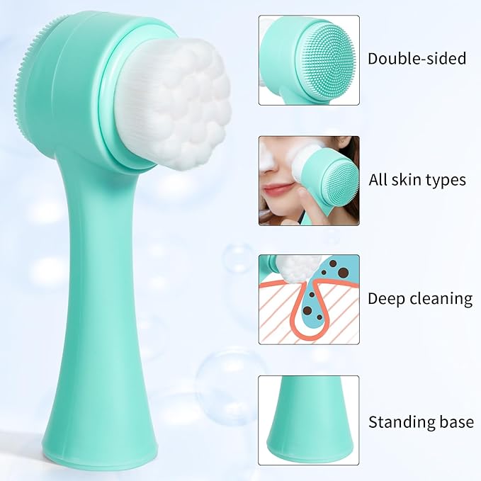 Face Brush 2 in 1, Facial Cleansing Exfoliating Scrubber Brush, Silicone Double Side Manual Face Wash Scrub Brush with Soft Fiber for Deep Pore Cleansing, Massaging, Skin Care,Green