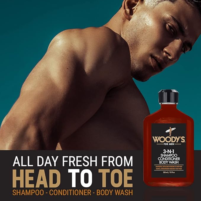 Woody's 3-in-1 Shampoo, Conditioner & Body Wash for Men, Travel-Size, All-in-One Hair & Body Cleanser for Daily Use, 12 fl oz