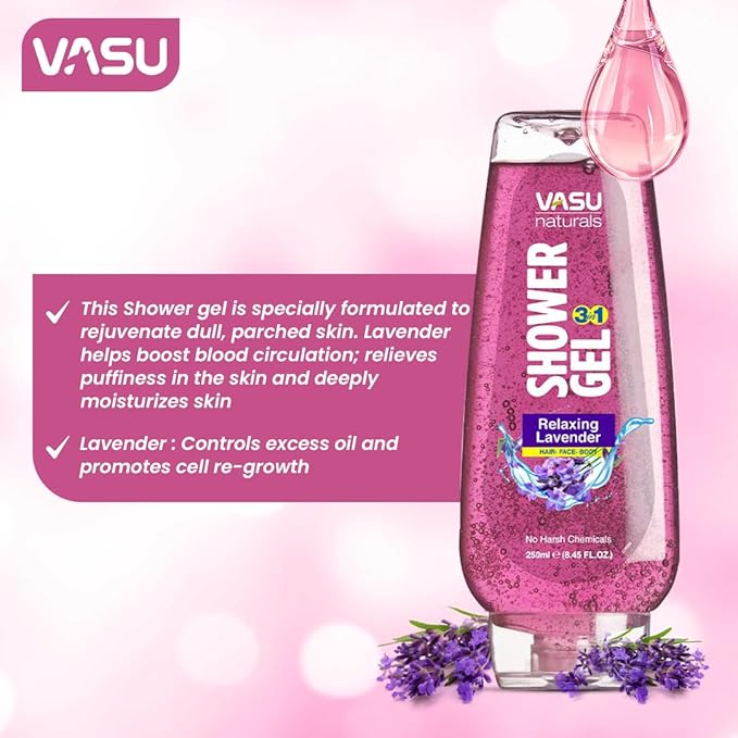 Vasu Naturals Organics Lavender Body Wash Calming Shower Gel with Pro-Vitamin B5 for Women & Men | Soap-Free, Paraben-Free, Soothing Body Cleanser for Sensitive Skin – 8.45 fl oz Each (Pack of 2)