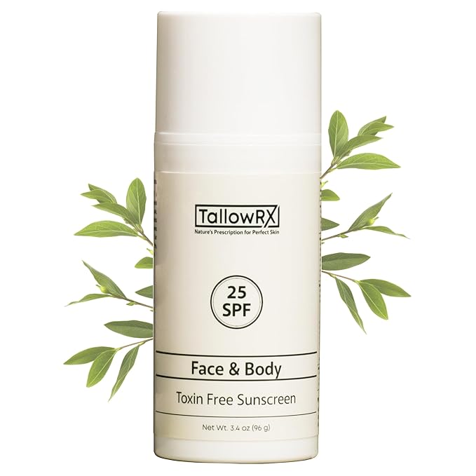 Tallow Sunscreen SPF 25 with Non Nano Zinc Oxide – Natural Mineral Sun Protection with Red Raspberry, Coconut Oil & Vit E – Reef Safe, Non Toxic & Moisturizing Sunblock for Face & Body – 3.4 oz