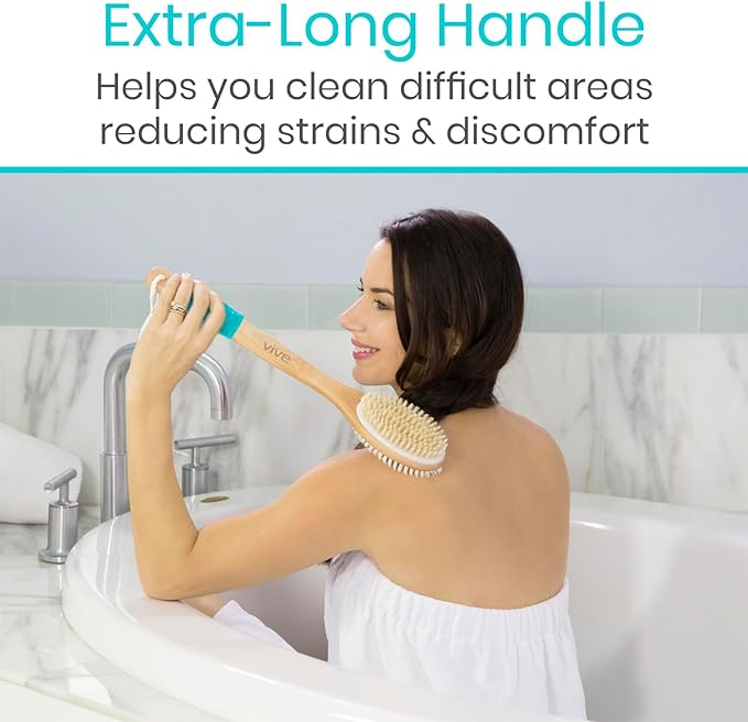 Vive Back Scrubber for Shower – Long Handle Dry Brushing Body Brush with Soft & Stiff Bristles – Exfoliating Shower Loofah & Bath Scrubber Cleaner for Women, Men, Elderly – Antiskid Grip