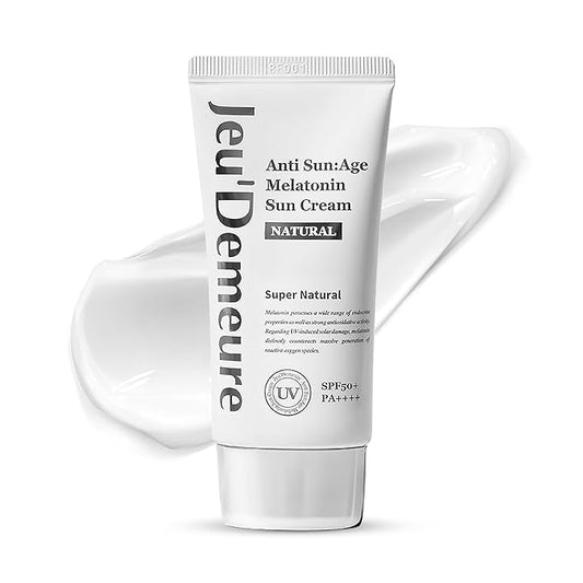 JEU'DEMEURE Anti-Aging SPF 50 Face Moisturizing Sunscreen Lotion with Broad Spectrum, Melatonin, Lightweight, Non-Sticky, Sun Essence for Sensitive Skin, 1.69 fl oz