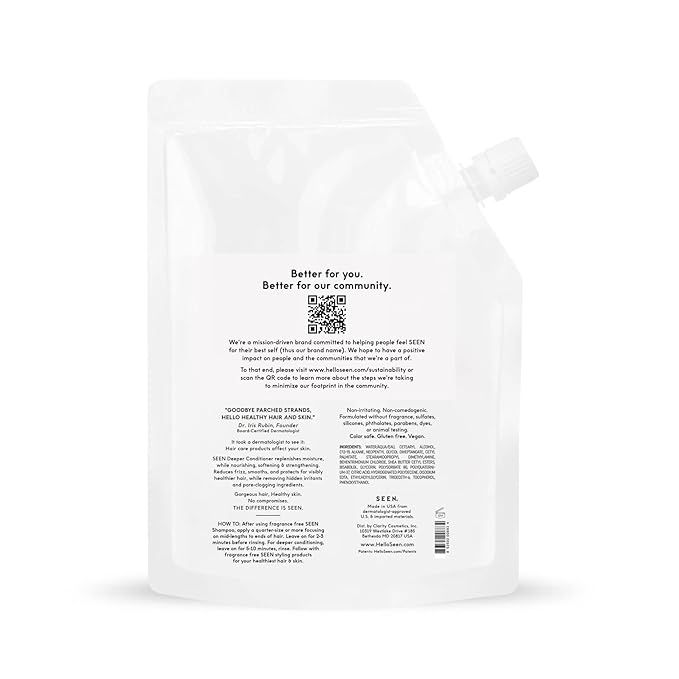 SEEN Deeper Conditioner Eco-Refill, Fragrance Free - Non-Comedogenic & Hair Conditioner- Dermatologist-Developed - Safe for Sensitive & Acne Prone Skin