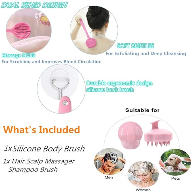 Silicone Body Scrubber & Scalp Massager, Long Handle Shower Brush, Exfoliating Scrubber for Men, Women & Kids