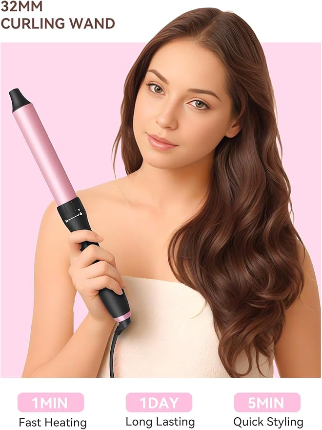 LANDOT Hair Curling Wand Iron 1-1/4Inch: Clip Free Hair Curler - Professional Detachable Curling Wand for Relaxed Curls & Beach Waves - Includes Heat Resistant Silicone Mat & Glove