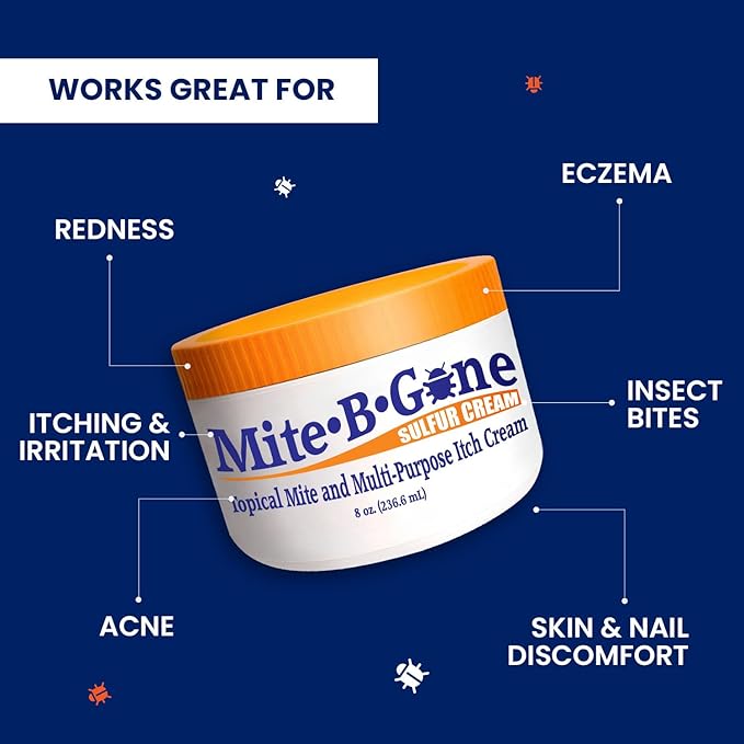 Mite-B-Gone Mite Cream & Bite Relief - Natural Blend Sulfur Cream for Multi-Purpose Bites, Redness, Itching, & Irritation | Safe for Kids and Adults | Fast & Effective for All Skin Types| 8 oz