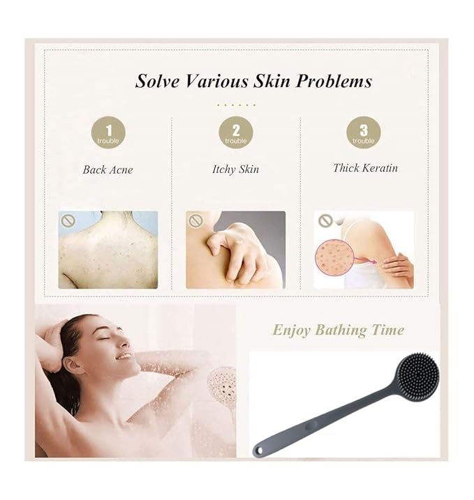 Silicone Body Scrubber With Long Handle for Shower - Exfoliating Back Brush for Men, Women & Kids - Soft Bath Scrubber With Free Hook