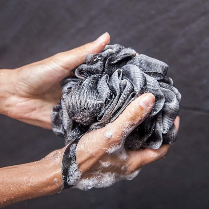 Toem® Loofah Back Scrubber for Shower | Bamboo Charcoal Fiber Infused | Loufas for Men & Women | Includes 1 Long Handled Shower Sponge, 1 Bath & Shower Luffa Pouf & 1 Hook to Hang Stuff (Slate Grey)