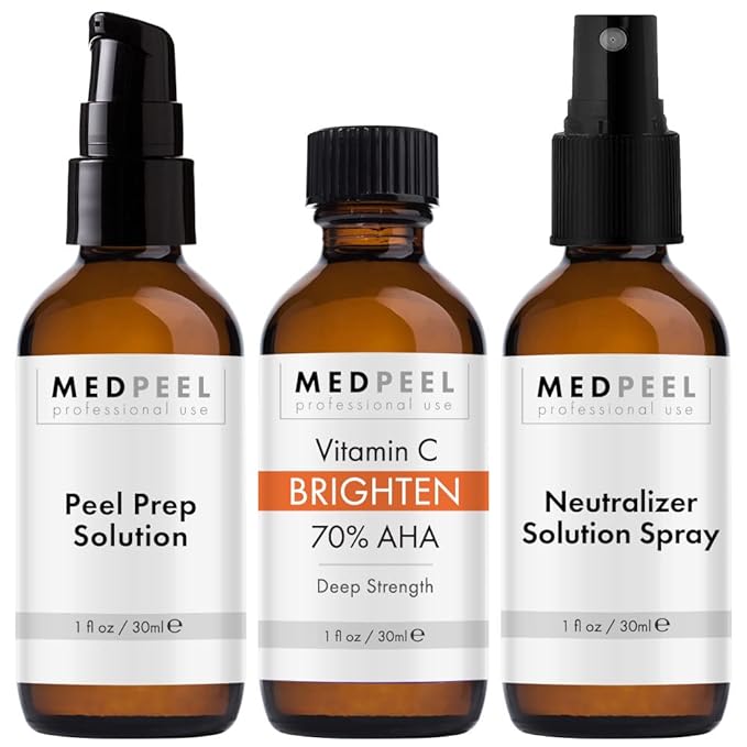 Medpeel 70% AHA & Vitamin C Brightening Essential Chemical Peel at Home Kit, Includes Peel, Prep, Neutralizer, Deep Strength Professional Grade Chemical Face Peel, Reduces Age Spots, 1oz/30ml