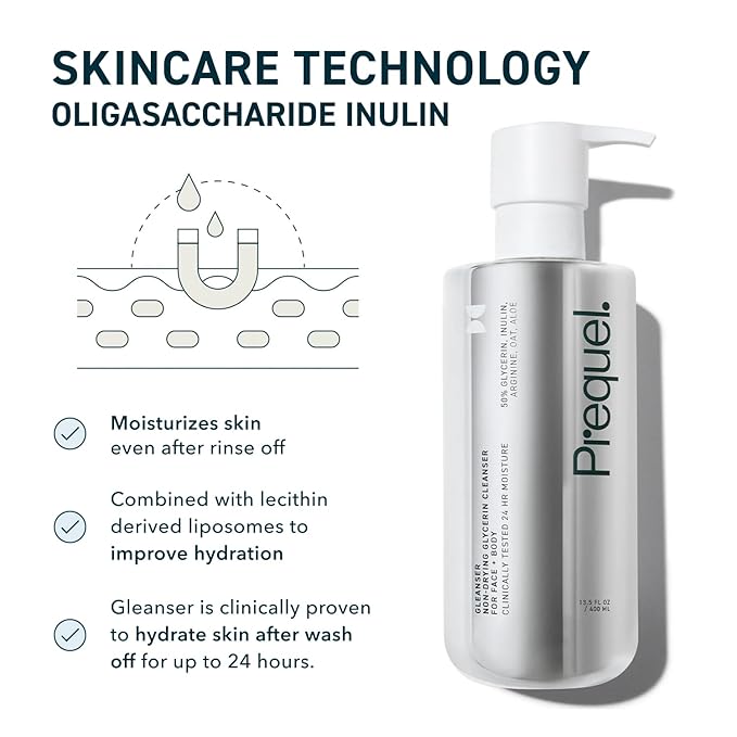 Prequel Gleanser, Moisturizing Glycerin Face Wash, Unscented Cleanser for Sensitive and Dry Skin, 6.75 fl oz Pump Bottle (Pack of 2)