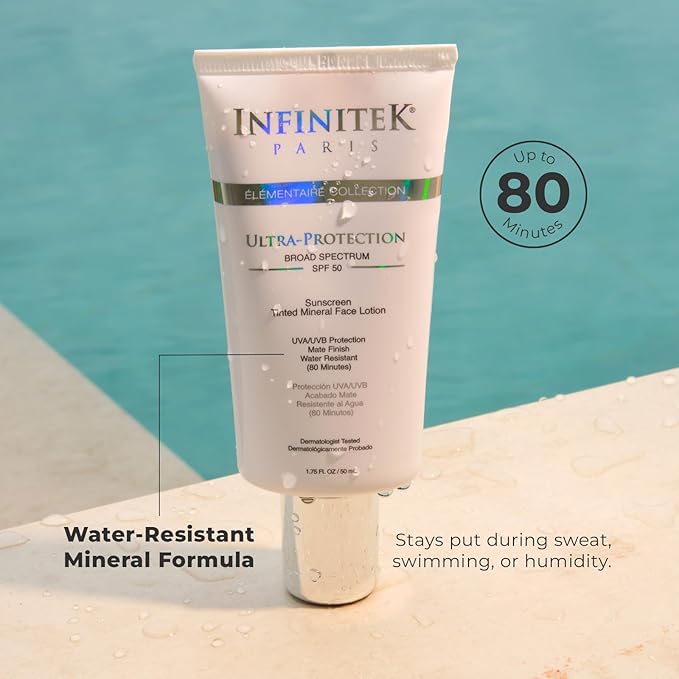 Infinitek Paris Skin Care Face Sunscreen Tinted Mineral Moisturizer Lotion SPF 50, 1.75Fl Oz - UVA/UBV and Blue Light Protection, Matte Finish, Water Resistant, Daily Lightweight Facial Sunblock