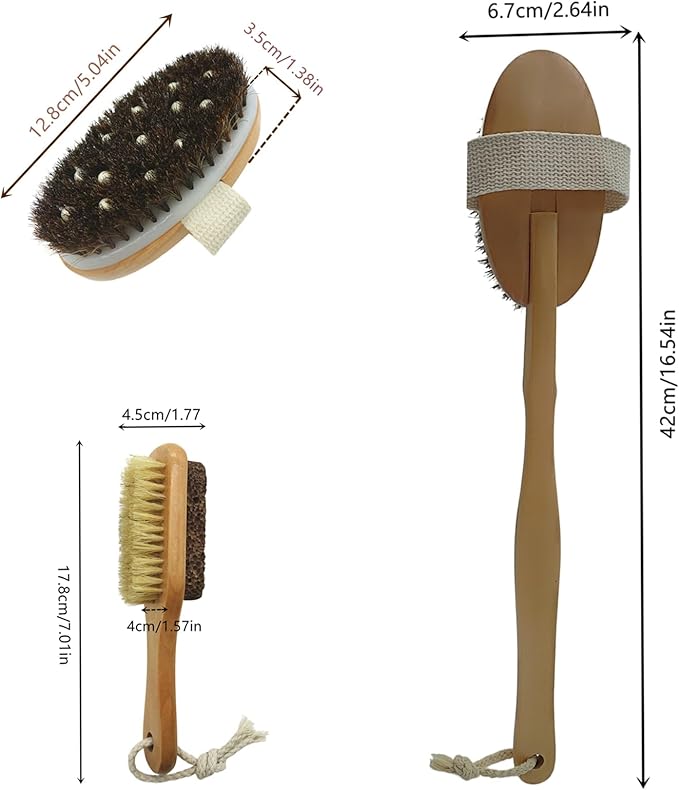 Dry Brushing Body Brush Set, Exfoliating Back Scrubber and Natural Lava Pumice Stone Brush for Feet, Horsehair Shower Brush Long Handle Detachable for Cellulite Lymphatic Improvement