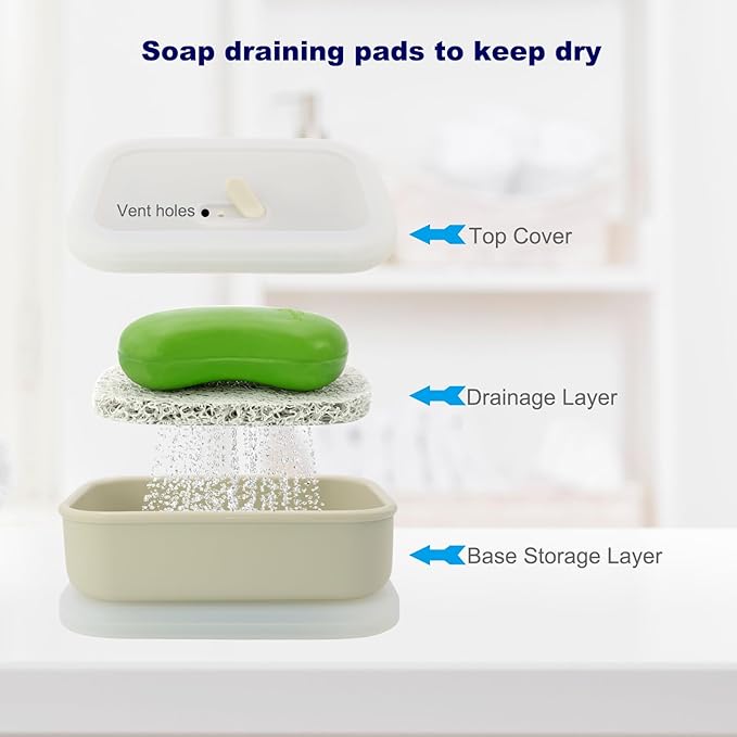 Leak Proof Travel Soap Case,Solid Shampoo Bar Holder, Silicone Soap Container with Draining Layer, Portable Bar Soap Holder for Bathroom, Camping, Gym, Easy to Clean (Off-White, Large)