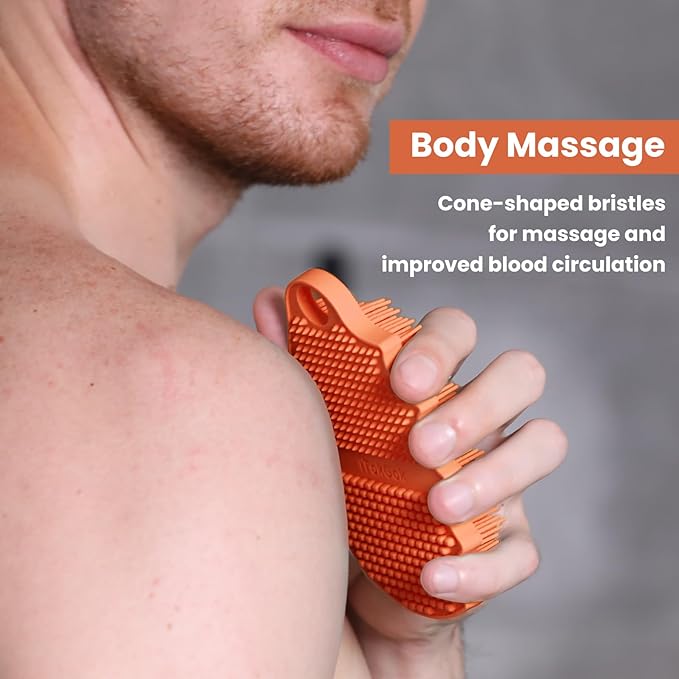 Silicone Body Scrubber Silver-Infused Dual-Sided 3-in-1 for Shower, Body Cleaning+Massage+Exfoliator Body Brush Buffer for Men and Women, Silicone Loofah, Non-Slip Handle (Orange)