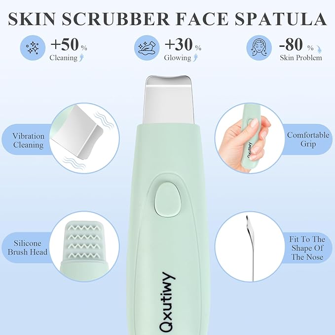 Skin Scrubber & Face Spatula - 2-in-1 Pore Cleaner Tool for Deep Cleansing, Blackhead Remover Tools with Two Silicone Brush Head, All Skin Types, Waterproof