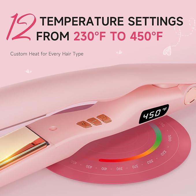 Flat Iron Hair Straightener 1 Inch Titanium - Fast Heating Pink Hair Straightener， Negative Ions Flat Iron 12 Temp (230°F-450°F), Auto Shut Off, Temp Memory & Dual Voltage for Smooth Silky Hair