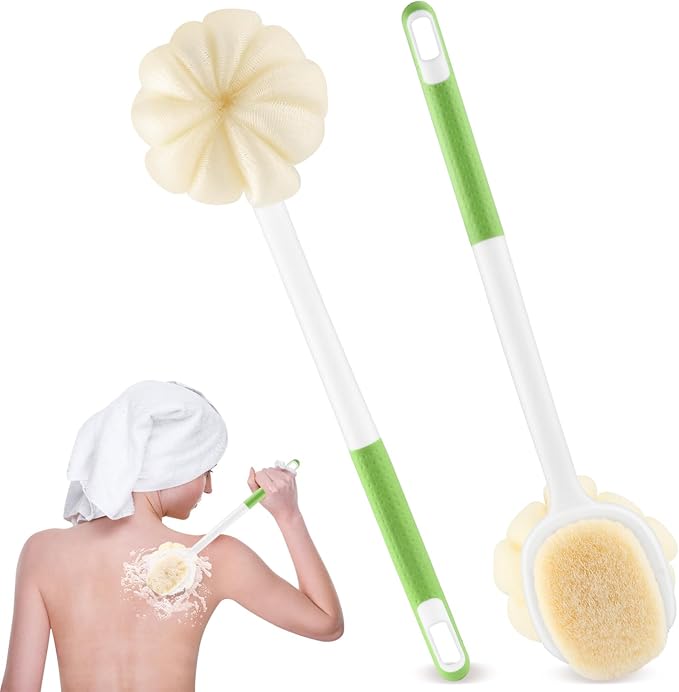 2 Pcs Long Handled Shower Brush Double Sided Bath Brush Massage Body Cleaning Mesh Sponge with Soft Bristles and Loofah for Skin Exfoliating Women Men - Green