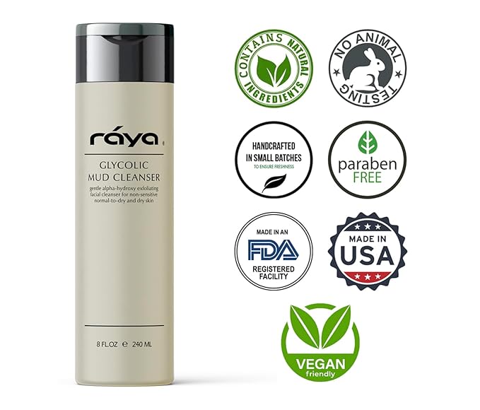 Raya Glycolic Mud Facial Cleanser with AHA 8 oz (G-103) | Exfoliating pH Balanced Facial Cleansing Fluid for Non Sensitive, Dry and Combination Skin | Made with Alpha Hydroxy Acid and Volcanic Mud