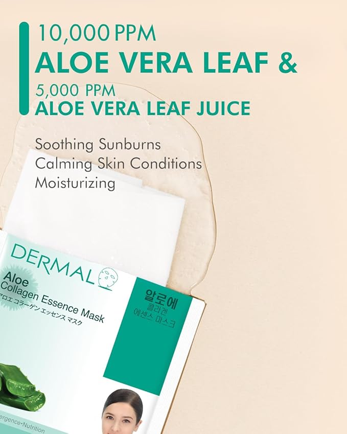 DERMAL Aloe Collagen Essence Facial Mask Sheet 23g Pack of 100 - Skin Revitalizing & Soothing, Refreshing and Moisturizing, Sunburn Relief, Daily Skin Treatment Solution Sheet Mask