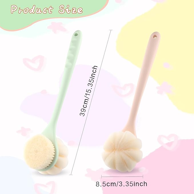 2 Pcs Body Shower Brush Long Handle Back Scrubber Brush with Bristles and Loofah Mesh Sponge for Skin Exfoliating Bath Wet Dry Massage Brushing - Pink+Green