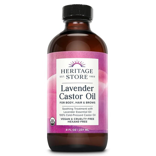 HERITAGE STORE Lavender Castor Oil Organic - Soothing Hair Treatment w/ Lavender Essential Oil - Hair Care, Skin Care, Castor Pack Wrap - Calming Scent, Vegan, Hexane Free, 60-Day Guarantee, 8oz