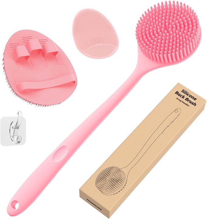 Manmihealth Silicone Back Scrubber (Thick Bristles) & Bath Glove & Face Brush Set(3PCS), Super-Exfoliating & Lathering Body Scrubber, Shower Brush, Face Scrubber Combination, with a Free Hook.(Pink)