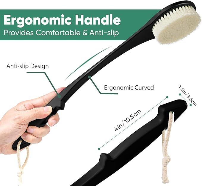 Back Scrubber for Shower, 17-Inch Shower Brush for Men and Women, Long Handle Exfoliating Body Brush, Medium Bristle Stiffness for Dry or Wet Brushing (Black)