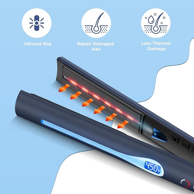 IG INGLAM Titanium Flat Iron Hair Straightener, 1 Inch Curling Iron, Infrared Negative Ionic Hair Straightener 11 Adjust Temp 250°F-450°F, Shiny Hair Dual Voltage 110-240V, Gift, Prussian Blue