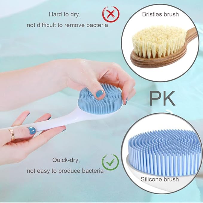 V-TOP Back Scrubber for Shower, Silicone Body Scrubber Long Handle with Soft Bristles, Bath Body Washer Shower Exfoliator Brush for Men and Women, BPA Free, Non-Slip