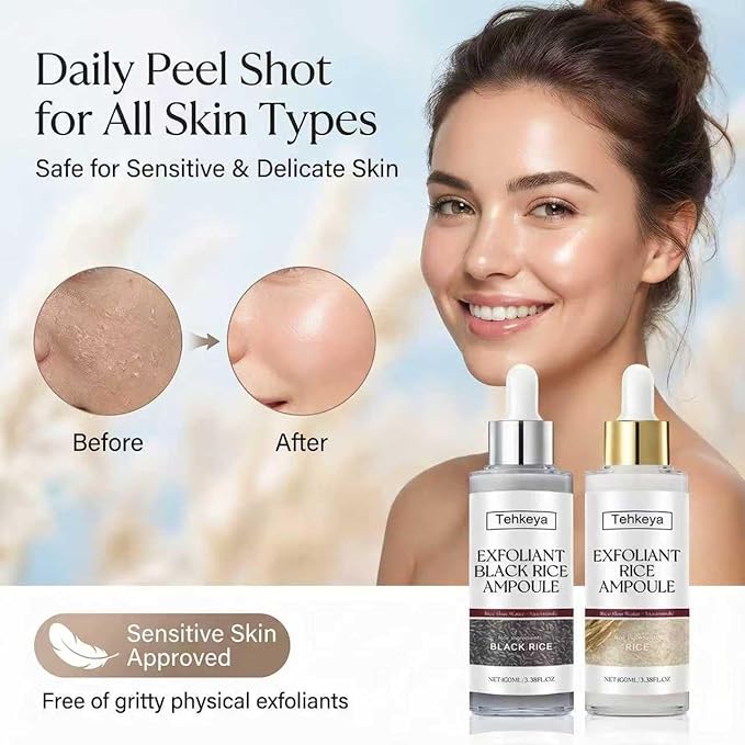 Black and White Rice Exfoliation Essence & Rice Peel Shot, 2 PCS White & Black Rice Facial Serum for Dead Skin Removal, Deep Cleansing & Pore Minimizing, Suitable for All Skin Types