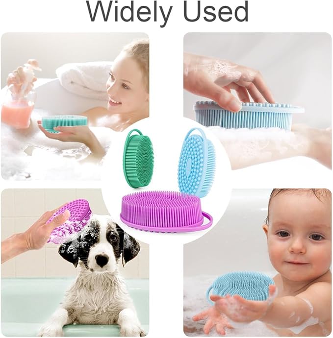 Soft Silicone Body Scrubber 3 PCS Silicone Body Shower, Silicone Loofah 2 in 4 Bath and Shampoo Brush, Body Scrubber Shower Cleaning Exfoliating Use for Sensitive Skin, Lather Well, Blue,Green,Purple