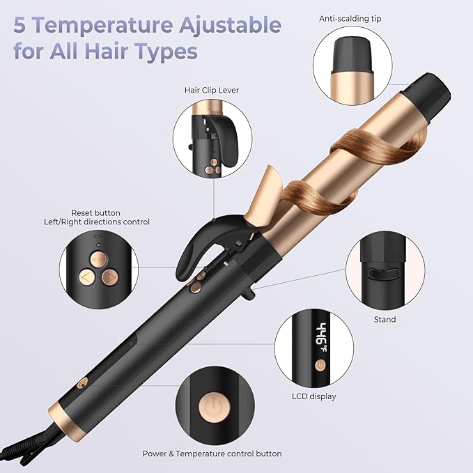 Rotating Curling Iron, 5 Temperature 1 1/4 in Automatic Curling Iron, Double Voltage 360° Rotating Auto Curling Wands, 1H Auto-Off & 30s Fast Heat Self Curler Travel Hair Styling Tools