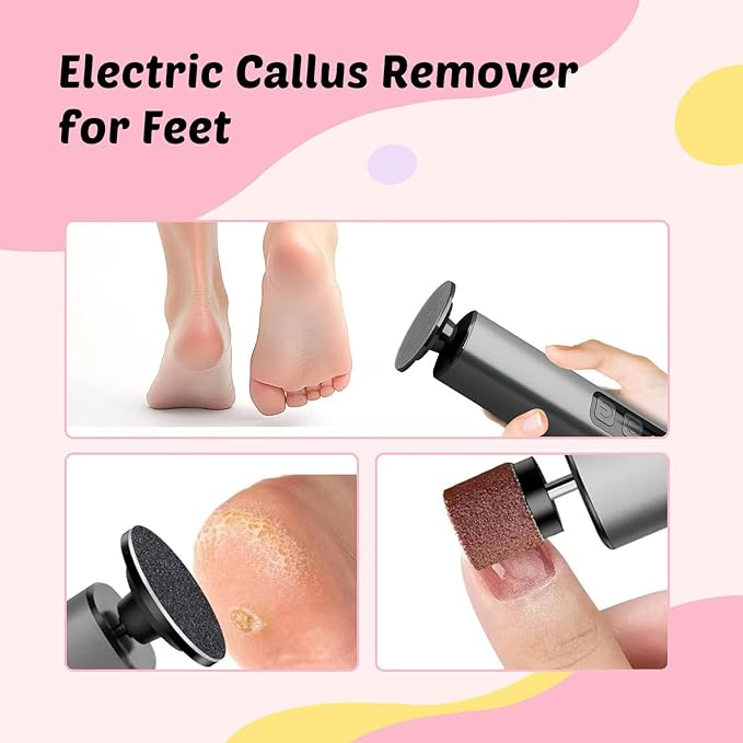 Electric Foot Callus Remover - 9-Speed with Glass Crystal Grinding Disc & Storage Box, 80/120 Grit Sandpapers (20pcs), 10 Nail Heads, Type-C Fast Charge for Dead Skin