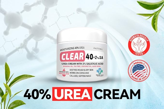 CLEAR Urea Cream 40 Percent Plus 2% Salicylic Acid (4oz) Made in USA | Urea Foot & Hand Cream Softens Cracked Heels & Dry Skin with Tea Tree & Coconut Oil - Callus & Corn Treatment