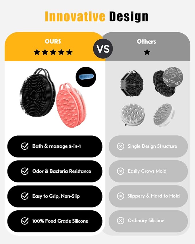 2 in 1 Silicone Body Scrubber, Anti Cellulite Massage Scrubber, Exfoliating Shower Brush for Men & Women, Removes Dead Skin, Reduces Cellulite, Improves Circulation, Non Slip (2PC, Black + Pink)