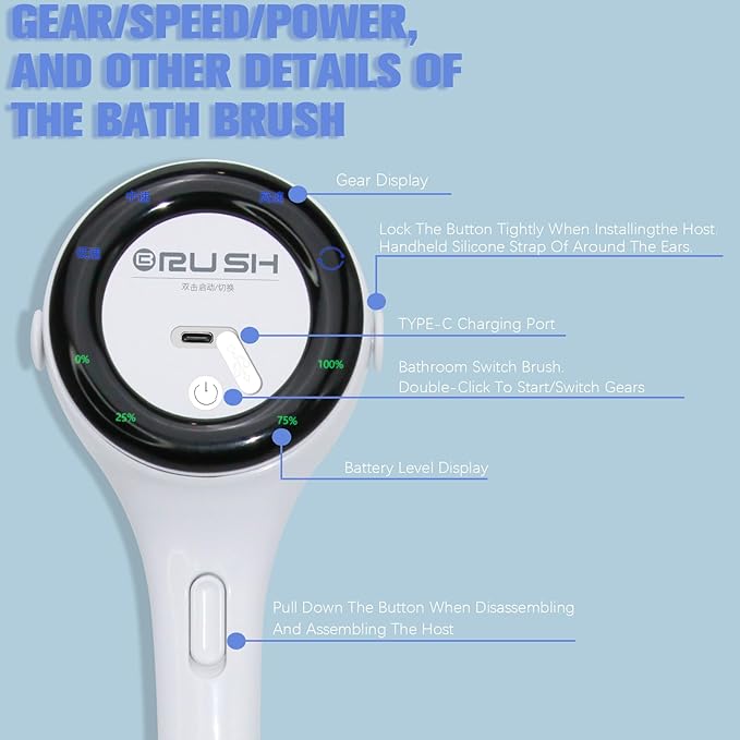 Electric Body Brush Back Scrubber - Waterproof Long Handle 5-in-1 Rechargeable Bath Brush with 3 Speed Modes, Exfoliating & Massaging Shower Brush for Body (White)