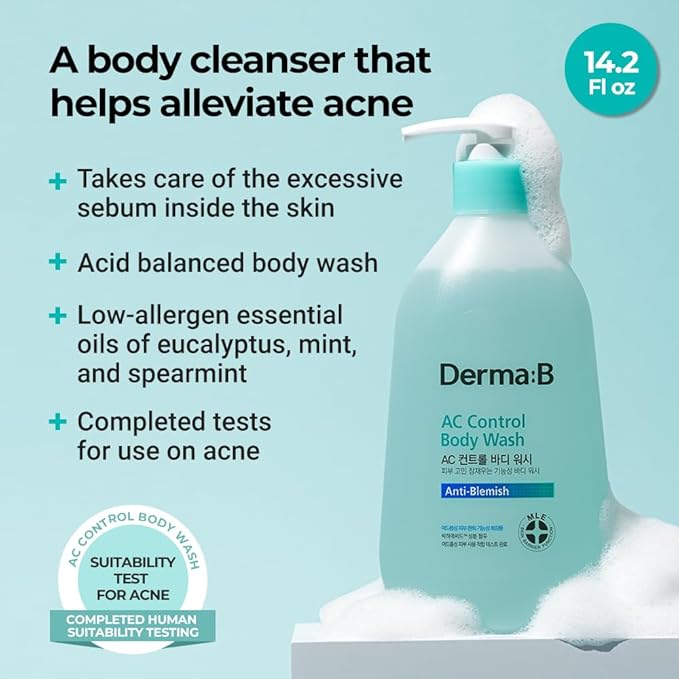 Derma B AC Control Body Wash 420ml,14.2 Fl.oz, Anti-Blemish & Pimples Care, Hypoallergenic Body Cleanser, Trouble Solution for All Skin Types, Soothing & Refreshing Shower Gel, Korean Skincare