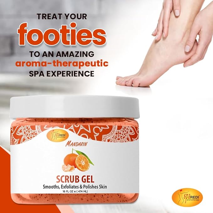 SPA REDI - Exfoliating Scrub Pumice Gel, Mandarin, 16 Oz - Manicure, Pedicure and Body Exfoliator Infused with Hyaluronic Acid, Amino Acids, Panthenol and Comfrey Extract