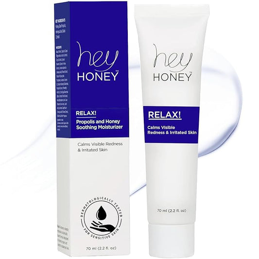 Hey Honey Skincare Relax - Instant Rosacea Relief Cream for Sensitive Skin | Calming Face Moisturizer for Facial Redness & Irritation | Dermatologist Tested, Oil-Free with Honey & Propolis | 2.2 Oz