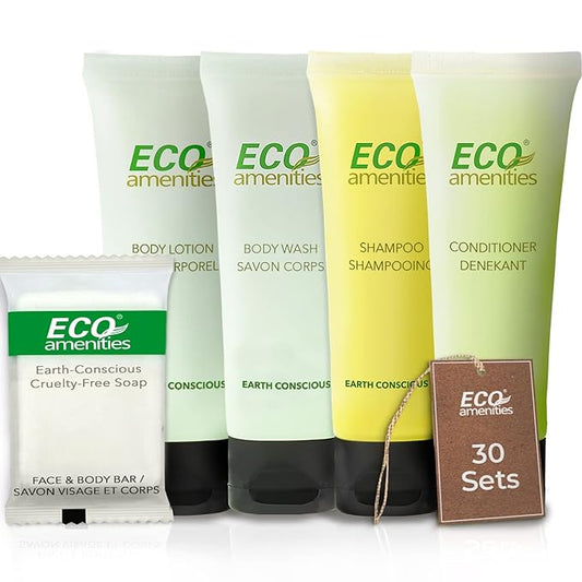 ECO amenities Travel Essentials Toiletry Kit - 150-Piece Hotel Toiletries Bulk Set - Shampoo & Conditioner Pack - Travel Body Wash & Bar Soap - 30ml Shampoo/Conditioner, 30ml Body Wash/Lotion,28g Soap